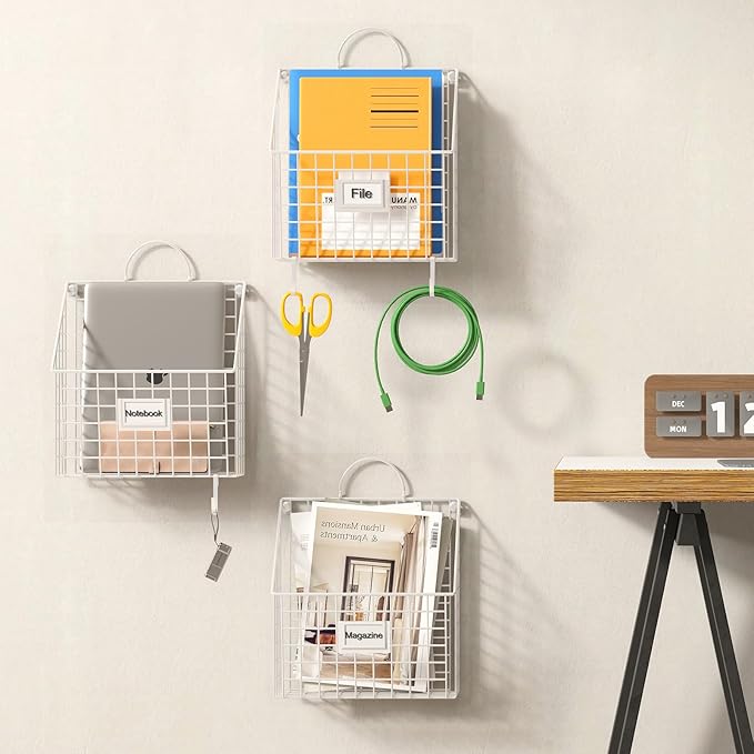 Yuzehuaza Wall File Organizer Metal Hanging File Organizer,Wall Mount File Holder, Magazine Rack and Mail Holder with Hooks f