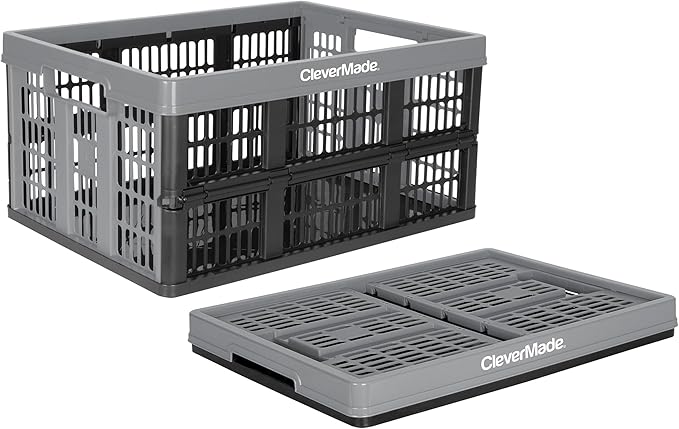 CleverMade Collapsible Utility Crate, Stone, 1PK - 32L (8 Gal) Collapsible Storage Bins, Holds 40lbs Per Bin - Plastic Stacka