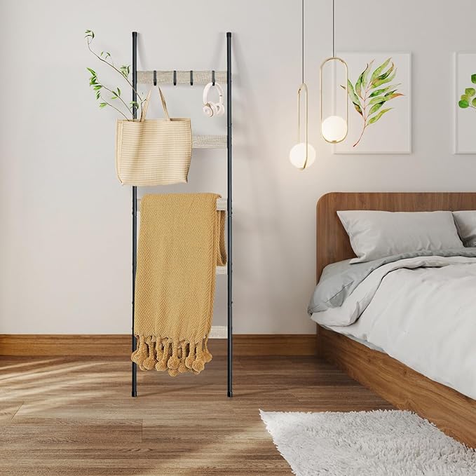 ELYKEN Blanket Ladder for Living Room, Farmhouse 5-Tier Quilt Holder with 4 Removable Hooks for Bathroom, Wood Towel Rack Dis