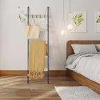 ELYKEN Blanket Ladder for Living Room, Farmhouse 5-Tier Quilt Holder with 4 Removable Hooks for Bathroom, Wood Towel Rack Dis