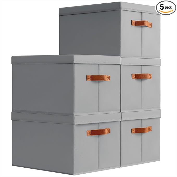 Homsorout Storage Bins with Lids - Large Fabric Closet Bins with Lid, 5 Pack Clothes Organizers and Storage, Collapsible Stac