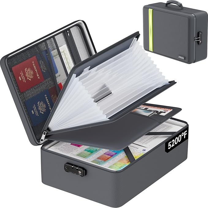 Fireproof Document Bag, Insulated Large Document Box with Lock, Important Document Organizer with Waterproof Zipper, Portable