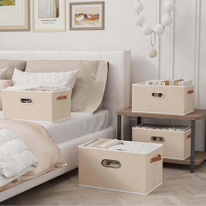 Yawinhe Fabric Storage Bins with Handles, Foldable Baskets for Shelves, Cubes with 3 Handles, Large Boxes for Clothes, Beige,