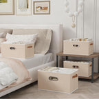 Yawinhe Fabric Storage Bins with Handles, Foldable Baskets for Shelves, Cubes with 3 Handles, Large Boxes for Clothes, Beige,