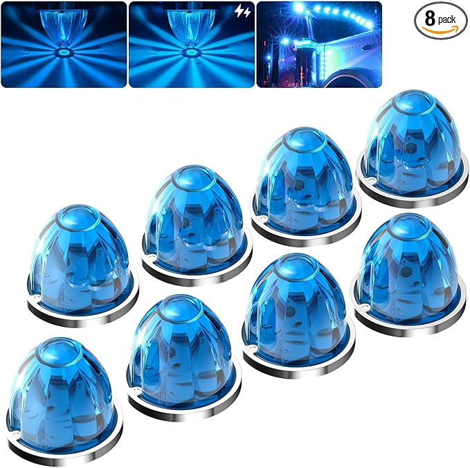 BJZ 8Pcs Ice Blue Watermelon LED Strobe+Constant Marker Lights Dual Function Watermelon-Shaped Side Marker Clearance Tail Top Cap Roof Lights for Trailer Truck Semi-Trailer Heavy-Duty Truck Bus Van