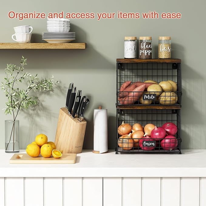 Goozii Hanging Wall Fruit Basket for Kitchen Counter 2 Pack, Stackable Wire Baskets for Organizing with Wood Lid, Potato and 