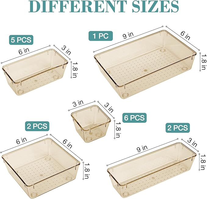 StorMiracle 16 PCS Drawer Organizer Set, 5 Varied Size Bathroom and kitchen Drawer cabinet organizer Trays, Clear Storage Bin