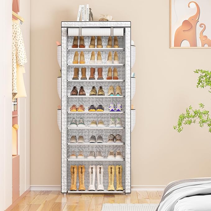 OYREL Shoes Rack 10 Tier Tall Shoe Rack with Storage Pockets, Fabric Covered Shoe Racks,Metal Shoes Rack Organizer for Closet
