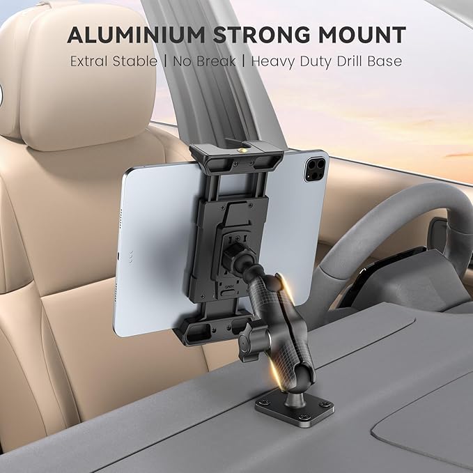 OHLPRO 4" Aluminum Arm Tablet Mount for Truck - Heavy Duty Drill Base Car Tablet Holder Compatible with iPad Samsung Tab 5"-13" Tablets and Phones, for Dashboard/Wall/Business/Desktop, etc.