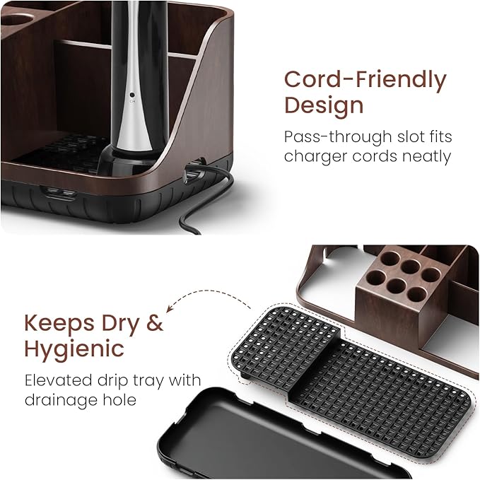 Boperzi Bathroom Counter Organizer for Vanity & Sink Storage: Detachable Electric Toothbrush and Toothpaste Holder, Water Flo