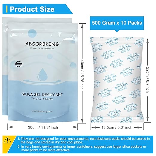 Large Desiccant Packs, 500 Gram 10 Packs Silica Gel Packets for Moisture Control, Silica Gel Car Dehumidifier by Reusable, La