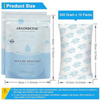 Large Desiccant Packs, 500 Gram 10 Packs Silica Gel Packets for Moisture Control, Silica Gel Car Dehumidifier by Reusable, La