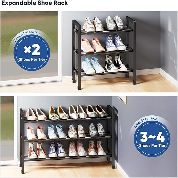 Abiglifty 3-Tier Expandable Shoe Rack,17"-33" Adjustable Shoe Rack for Closet,Metal Shoes Shelves for Front Door Entrance, Ga