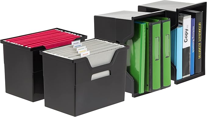 IRIS USA Large Portable Desktop File Box with Open Lid, 4 Pack, Side Handles, Hanging File Folders, Tabs & Inserts, Letter Si