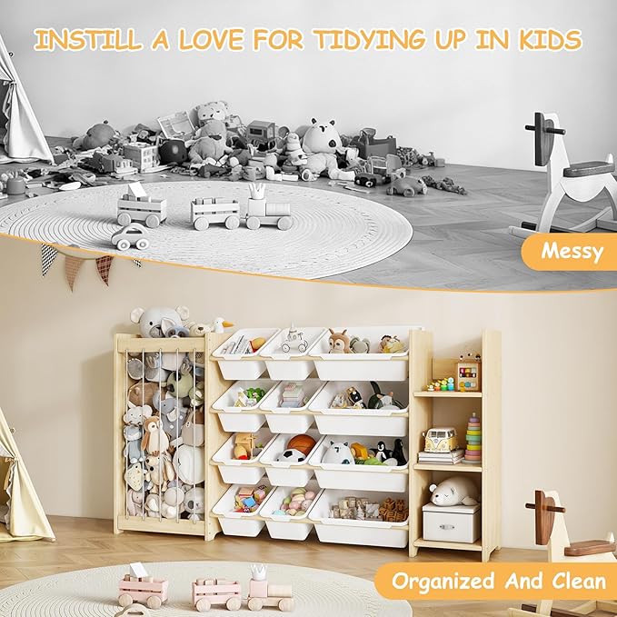EXPERLAM 3-in-1 Toy Storage Organizer, Stuffed Animal Holder & 3-Tier Bookcase, Solid Wood Toy Organizer with 12 Storage Bins