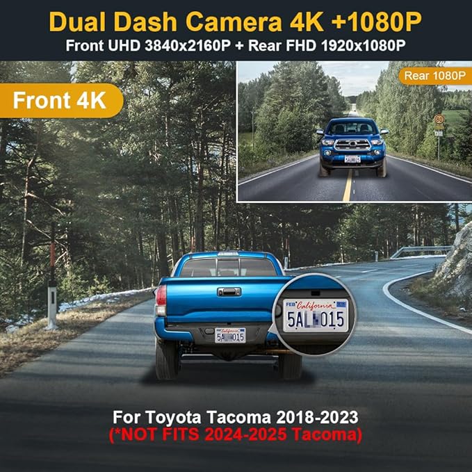 Fitcamx Front 4K and Rear 1080P Dash Cam Adapts for Toyota Tacoma 2018 2019 2020 2021 2022 2023 Limited TRD Sport Off-Road Pr