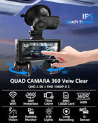 4 Channel Dash Cam Front and Rear Inside Left Right Car Dash Camera 360 View, 2.5K QHD Car Camera Supper Night Vision, 5G WiF