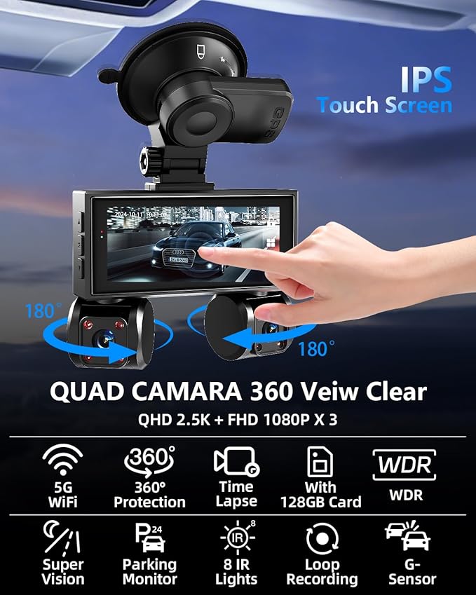 4 Channel Dash Cam Front and Rear Inside Left Right Car Dash Camera 360 View, 2.5K QHD Car Camera Supper Night Vision, 5G WiF