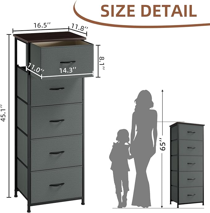 Somdot Tall Dresser for Bedroom with 5 Drawers, Storage Organizer Chest of Drawers with Removable Fabric Bins for Closet Beds