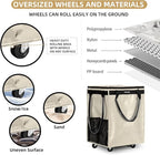 (Medium, Beige) Reusable Grocery Bag on 4 Wheels, Foldable Rolling Tote Carries Up to 66lb Shopping Trolley, Rolling Bag with 3 Handles, Zipper Clouser Rolling Tote Bag with Wheels for Laundry
