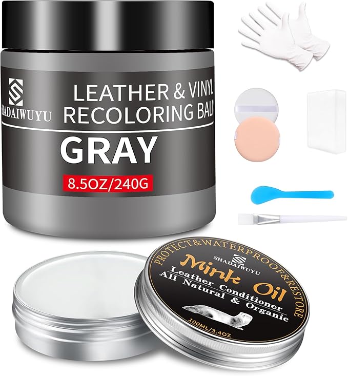 8.5oz Leather Recoloring Balm with 100ml Mink Oil,Gray Leather Repair kit for Furniture and Car Interior,Leather Couch Scratc