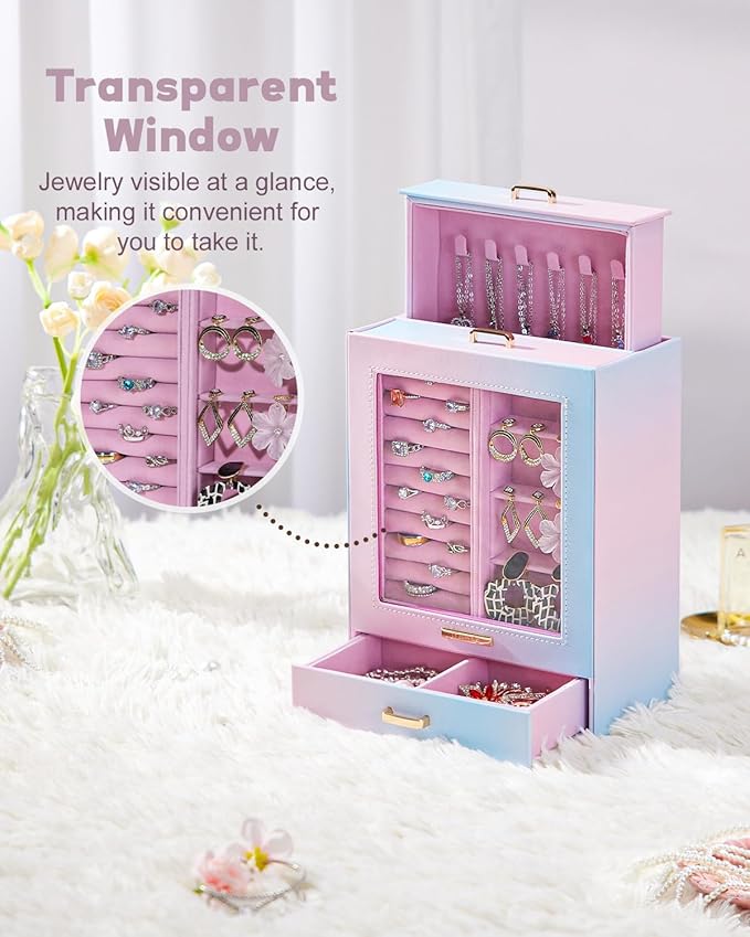 Homde Jewelry Organizer Girls Women Jewelry Box for Necklaces Rings Earrings Gift Bracelets Storage Case (Blue - Pink Gradien