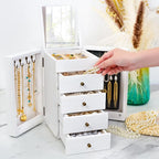 Meangood Jewelry Box Wood for Wowen, 5-Layer Large Organizer Box with Mirror & 4 Drawers for Rings, Earrings, Necklaces, Whit