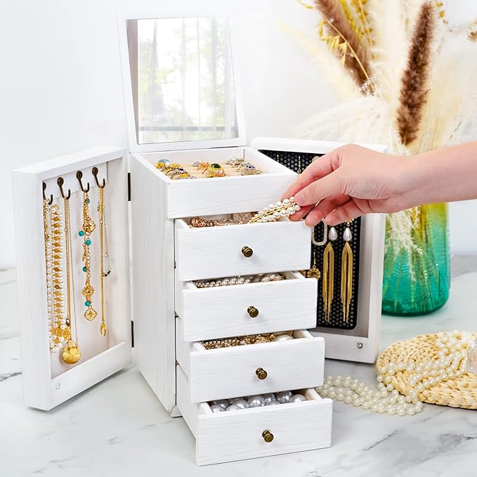 Meangood Jewelry Box Wood for Wowen, 5-Layer Large Organizer Box with Mirror & 4 Drawers for Rings, Earrings, Necklaces, Whit