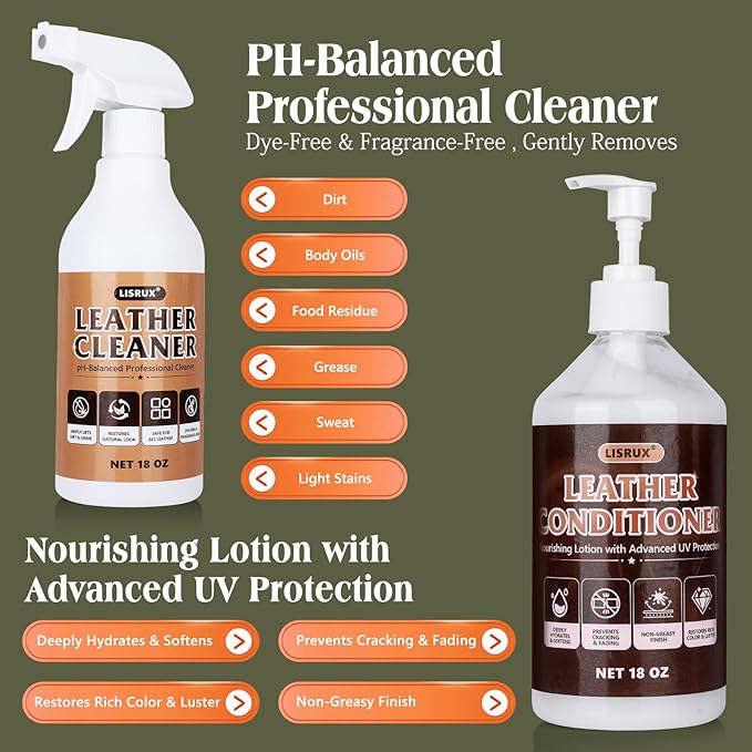 LISRUX Leather Cleaner and Conditioner Kit-2×18oz, Leather Cleaner for Car Seats, Furniture, Couches, Shoes & Boots, pH-Balan