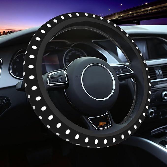 Cute Black White Polka Dots Steering Wheel Cover for Women, Universal Fit 14-15 inch,Automotive Interior Accessories Decorati