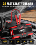 SAFEMATE PJS06 3000A Car Battery Jump Starter, Portable 12v Battery Booster, Jump Box and Charger, with Voltage Detection,