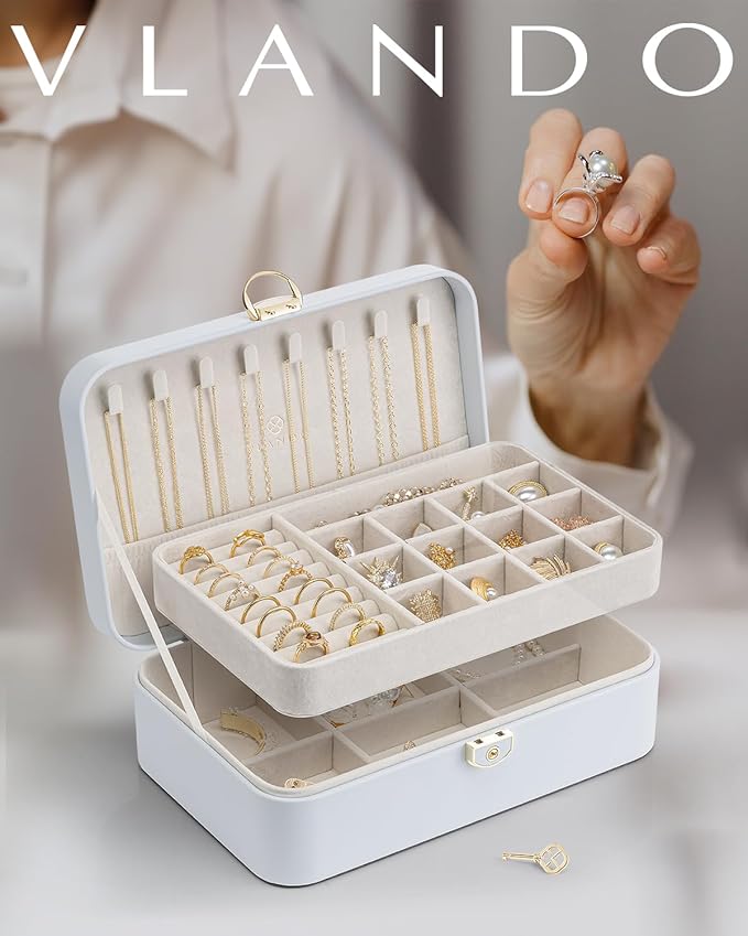 Vlando Jewelry Box Organizer for Women Girl,Lockable Jewelry Case Boxes with 2 Layers,Earrings Necklace,Rings Storage,Gift Bo