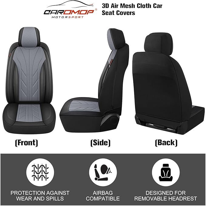 CAROMOP Luxury Faux Leather&Fabric Car Seat Covers 2 Front Seats with Breathable 3D Foam Back Support, Universal Seat Covers 