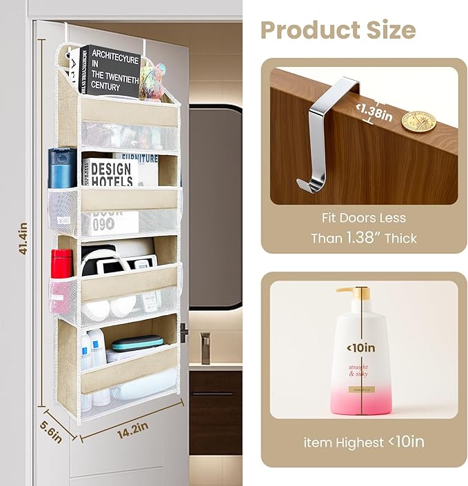 Over the Door Organizer with 4 Side Mesh Pockets, 4 Shelf Capacity Hanging Behind the Door Kitchen Organizers and Storage Sui