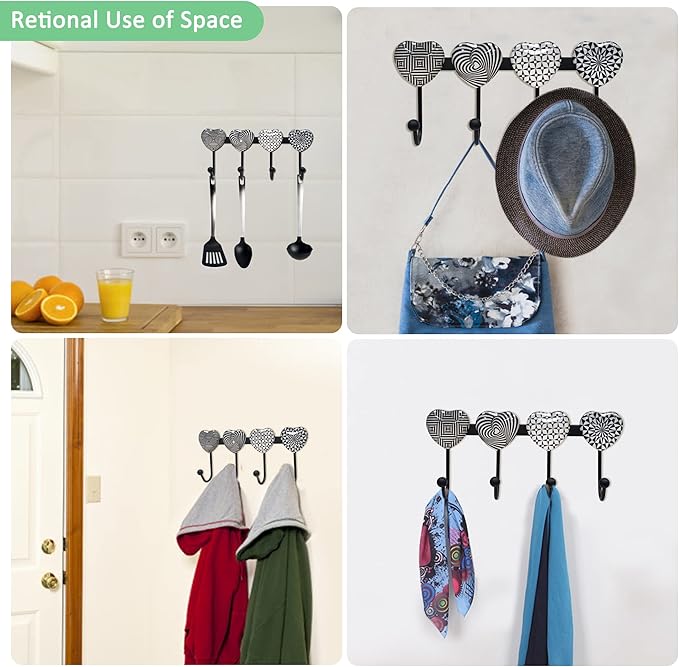 Coat Rack Wall Mounted with 4 Hooks, Heart Geometric Pattern Decorative Wall Hooks for Hanging Hat, Key, Towel, Purse, Bag an