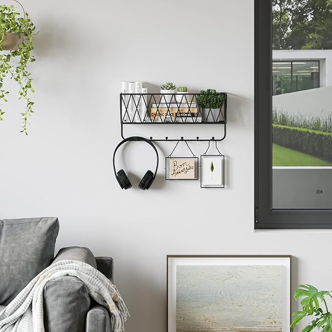 OROPY Entryway Mail Holder with Key Hooks, 14" L×4.7" W×6.5" H, Wall Mounted Matte Black Metal Wire Mesh Storage Basket with 