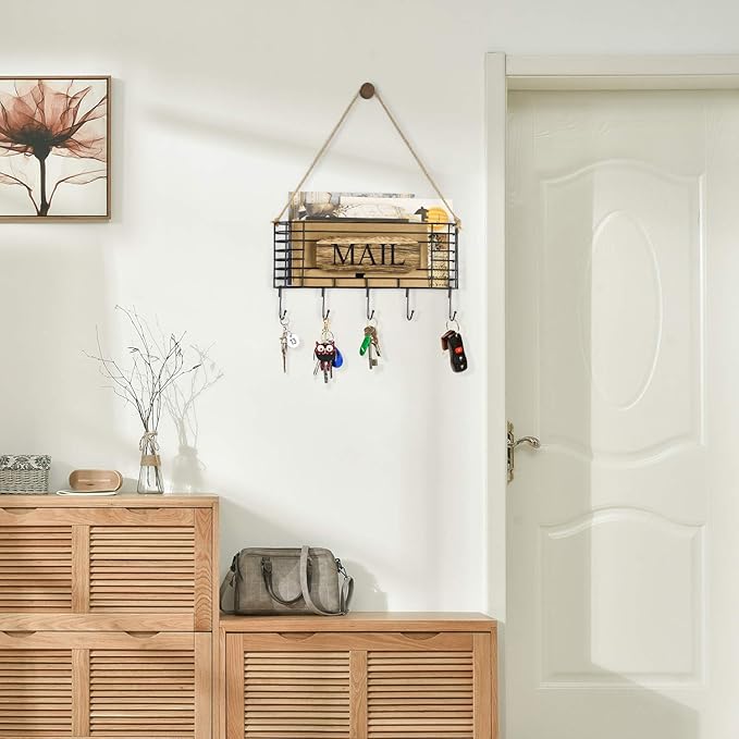 SRIWATANA Mail Holder, Rustic Mail Organizer Wall Mount Hanging Mail Sorter Letter Basket with 5 Key Holder for Wall, Large, 