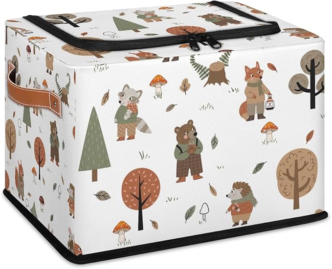 Wolf Bear Hedgehog Storage Baskets - Cute Animal Plants Bin Collapsible Organizer Cube with Zipper Lid, Mushroom Leaves Tree 