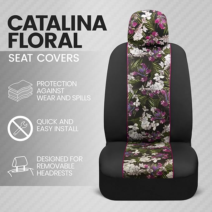 BDK Pink Flower Faux Leather Car Seat Covers for Front Seats, 2 Pack – Floral Pattern with Matching Headrest, Easy Installati