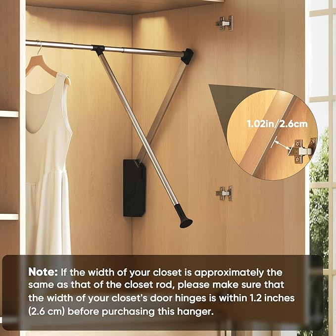 tonchean Pull Down Closet Rod Stainless Steel 32.6-45.3Inch Adjustable Wardrobe Lift Rail Rod Back Mounted Closet Pole for Wa