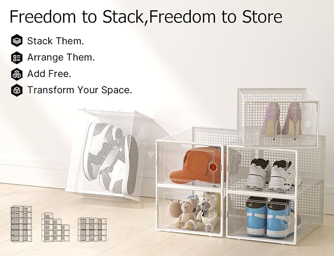 Kuject XX-Large Shoe Storage Boxes Organizers Clear Plastic Stackable 12 Pack, Shoe Rack & Holder Substitute, Sneaker Contain