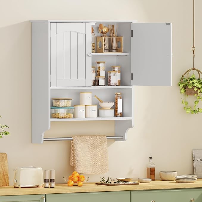 Iwell Bathroom Wall Cabinet, Over The Toilet Storage Cabinet with Towel Rack & Adjustable Shelf, Medicine Cabinet for Bathroo