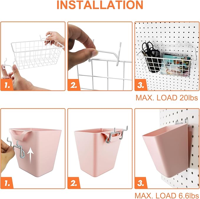 Pegboard Basket Organizers, Peg Board Large Baskets Hooks Bins Cups Tool Organizer 6 Pack Set, Wall Storage Display Hanging A