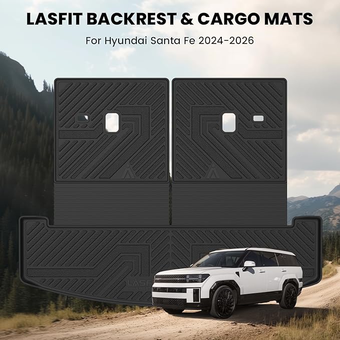 Lasfit Cargo Mat & Backrest Mats for Hyundai Santa Fe 2026 2025 2024 (Fit Gas & Hybrid), All Weather TPE Custom Fit Car Mats Trunk Mats Cargo Liners Accessoires, Black