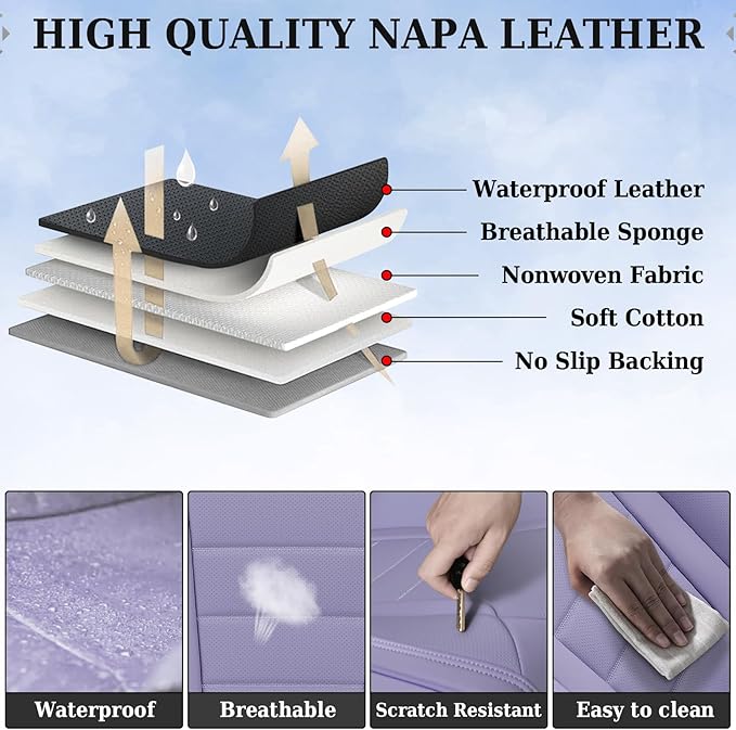 Coverado Car Seat Covers Full Set, Nappa Leather Seat Covers for Cars, Car Seat Protector Car Seat Cushion, Front and Back Se