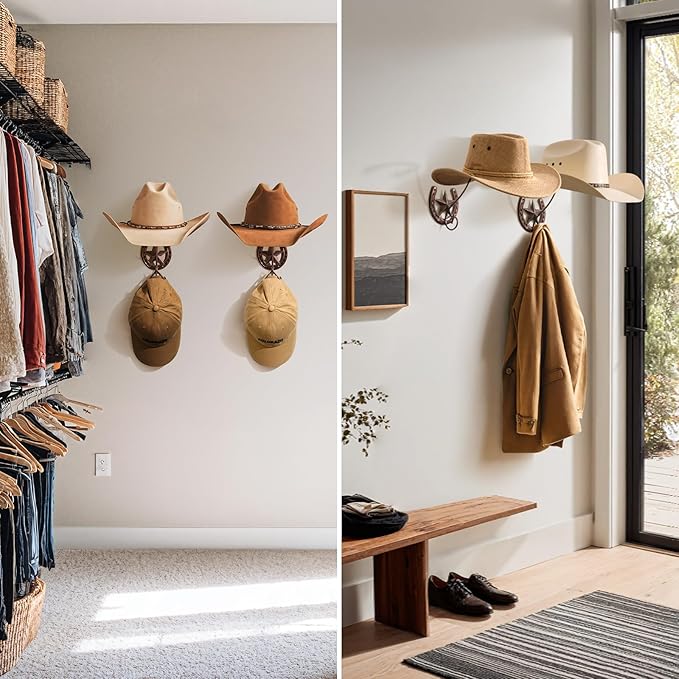 Cowboy Hat Organizer Rack for Wall 4 Pack Metal Cowboy Hat Holder Wall Mounted Iron Western Wall Decor Horseshoe Hat Hanger f