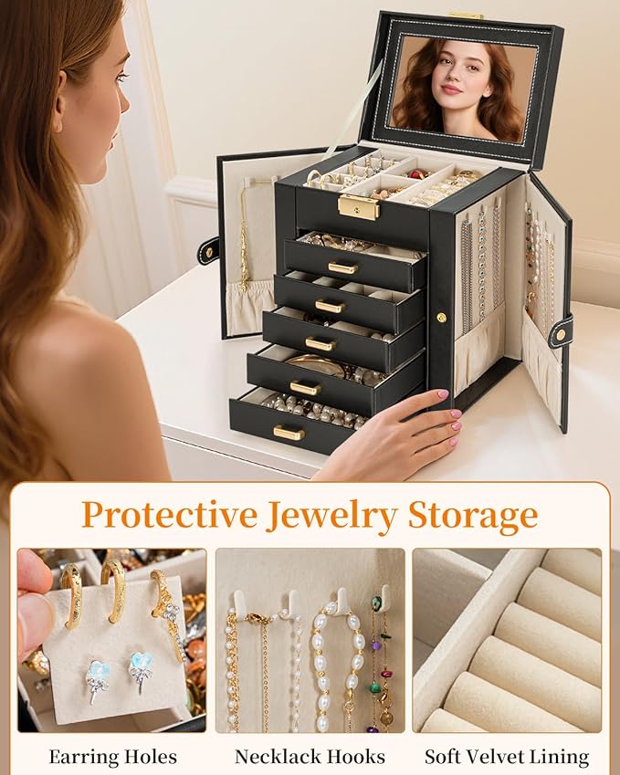 TORIBIO Large Jewelry Box for Women, Leather Jewelry Organizer with Mirror & Lock, 6-Tier Jewelry Storage Case for Girls/Wome