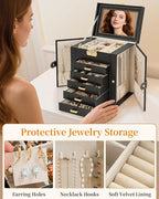 TORIBIO Large Jewelry Box for Women, Leather Jewelry Organizer with Mirror & Lock, 6-Tier Jewelry Storage Case for Girls/Wome