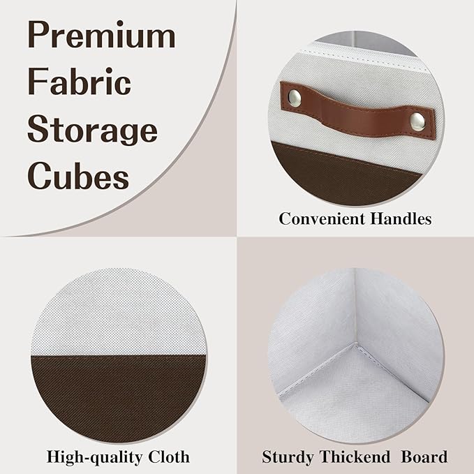 Temary Foldable Cube Baskets 4Pack - Shelf Storage Bins with Handles, Fabric Storage Organizer for Clothes, Home (White&Brown