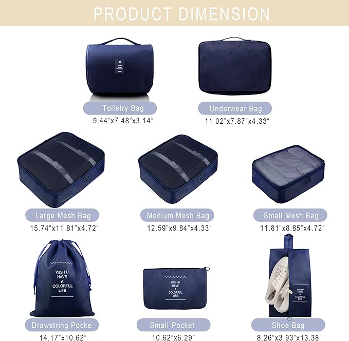 Packing Cubes, 8 Pcs Travel Packing Organizers for Suitcases, Large Capacity Travel Luggage Organizers Set includes 8 Storage